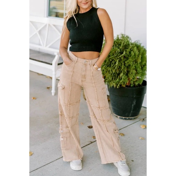 POL Reverse Seamed Relaxed Fit Straight Wide Leg Cargo Jeans in Coffee - Picture 3 of 13